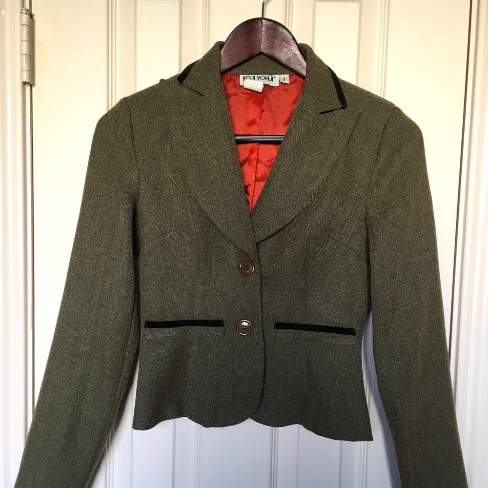 Koji Yohji Cropped Tweed Jacket with Velvet trim on Collar and pockets size 1